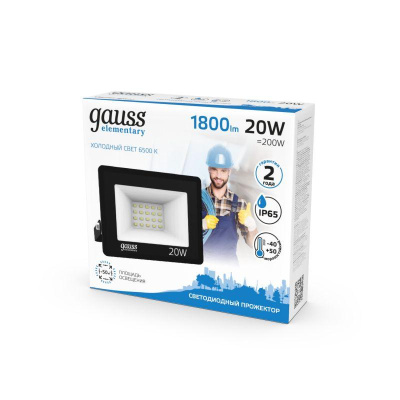 Прожектор светодиодный Elementary 20Вт 6500К IP65 1800лм 200-240В ДО черн. GAUSS 613100320